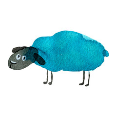 Hand drawn watercolor illustration funny cartoon sheep blue isolated on white background