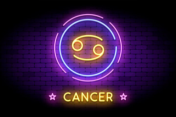 The Cancer zodiac symbol, horoscope sign in trendy neon style on a wall. Cancer astrology sign with light effects for web or print.