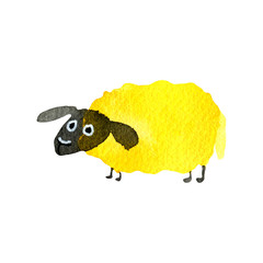 Hand drawn watercolor illustration funny cartoon sheep yellow green  isolated on white background