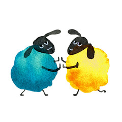 Hand drawn watercolor illustration funny cartoon sheeps yellow orange  isolated on white background