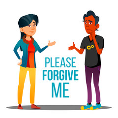 Man And Woman Asking Forgiveness Vector Cartoon Poster. Please Forgive Me Typography. Dark Skin Male And Asian Female Characters Arguing. People Talking, Communicating, Apologizing Flat Illustration