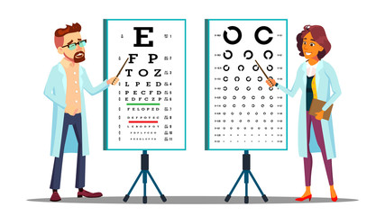 Obraz na płótnie Canvas Ophthalmologist Examining Patient Eyesight Vector Characters Set. Ophthalmologists Pointing At Eye Chart Letter, Symbol Isolated Cliparts Pack. Cartoon Optician. Optometrist Check-Up Flat Illustration