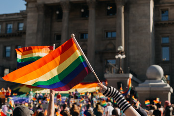 Crowd Waving Rainbow Flags At Pride Parade