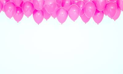Plenty pink balloon on top isolated on white, birthday festive background, anniversary celebration banner, party creative concept, 3d rendering