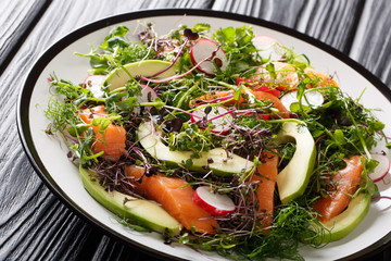 Dietary spring salad of red fish, avocado, radish and mix micro green close-up on the table. horizontal