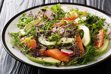 Freshly prepared salad of red fish, avocado, radish and a mix of micro green close-up on a plate. horizontal