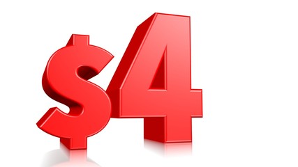 4$ price symbol. red text 3d render.