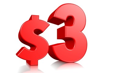 3$ price symbol. red text 3d render.