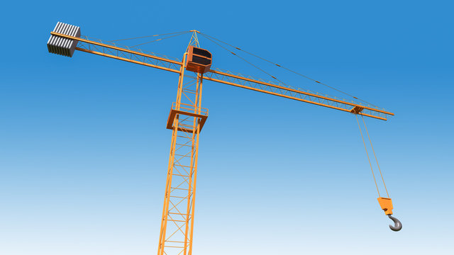 Orange tower crane in front of a clear blue sky