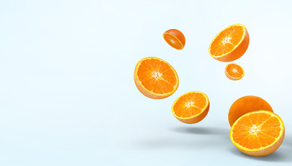 Orange slices fruit fresh Concept Summer - holidays and artwork Creative on pastel blue background - 3d rendering