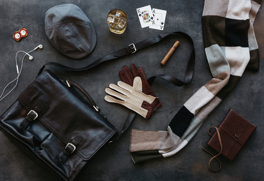 Flat lay of mens winter casual fashion accessories