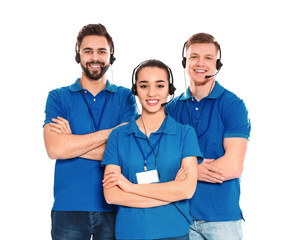 Technical support operators with headsets isolated on white