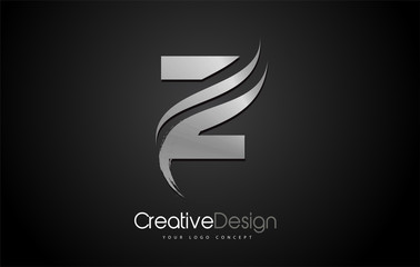 Silver Metal Z Letter Logo Design Brush Paint Stroke Artistic Black Background - obrazy, fototapety, plakaty