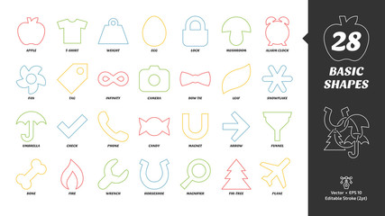 Basic editable strole outline shapes color icon set with simple apple, t-shirt, weight, egg, lock, mushroom, bone, fire, wrench, horseshoe, magnifier, fir tree, plane and more line pictogram.