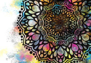 Abstract mandala graphic design and watercolor digital art painting for ancient geometric concept background