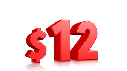 12$ price symbol. red text 3d  render with dollar sign on white background