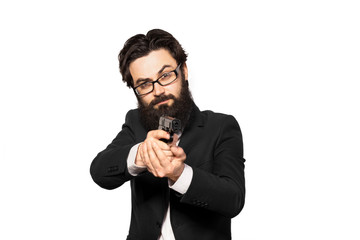 bearded businessman with gun, isolated on white background
