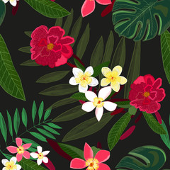 Seamless pattern for textile design. Red tropical flowers. Frangipani. Palm, monstera leaves. Tropical vector seamless floral pattern
