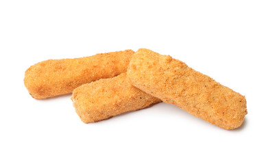 Tasty crispy cheese sticks on white background