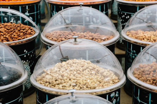 Various of nuts on turkish fruit market