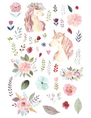 Spring floral watercolor collection with unicorns, flowers and leaves © moleskostudio