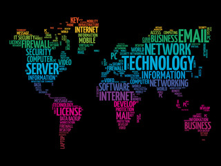 Obraz na płótnie Canvas Technology word cloud in shape of world map, business concept background