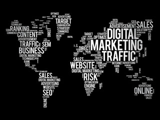 Fototapeta na wymiar Digital Marketing word cloud in shape of world map, business concept background