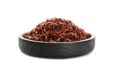 Bowl of cooked brown rice isolated on white