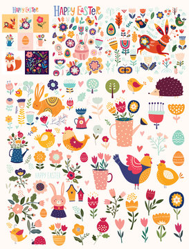 Big collection of flowers, leaves, birds, bunny and spring symbols	