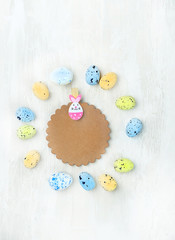 Happy Easter concept. bunny toy and egg frame. Easter holiday background, spring season. rabbit and colorful egg, Easter idea, minimalist stylish decor. Close up, Soft focus. copy space. 