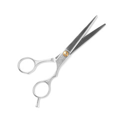 New scissors on white background, top view. Professional hairdresser tool