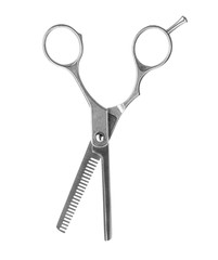New thinning scissors on white background. Professional hairdresser tool