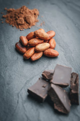 Organic cacao beans, cacao powder and chocolate on a black stone background.