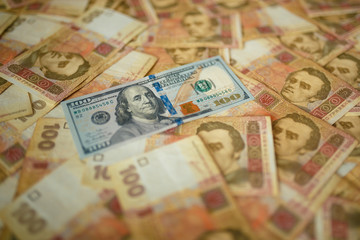 dollars euro hryvnia banknotes background, close up