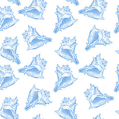 Seashell hand drawn seamless vector pattern. Mollusk, shellfish, conch decorative engraving. Exotic marine monochrome sketch background. Seashore snail shell. Wrapping paper, wallpaper design