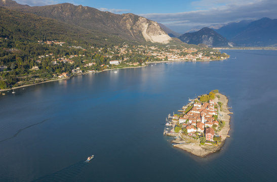 Aerial view of Isola dei Pescatori on Lake Maggiore, Italy