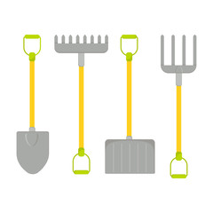 Vector set of tools for gardening. Gardening collection. Flat style. Shovel and rake icon
