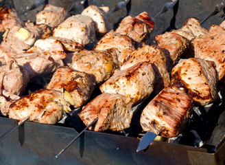Grilling a delicious shashlik with smoke marinated meat