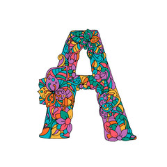 Floral A letter color contour illustration. First alphabet symbol with leaves, flowers doodle drawing. Multicolor psychedelic blossom in retro style. Monogram with batik texture. Fantasy garden effect