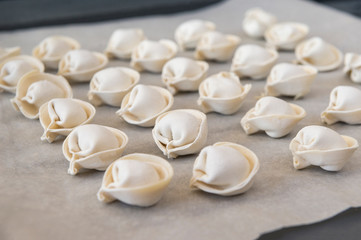  raw meat ravioli are on the baking sheet in rows , semifinished products, dumplings