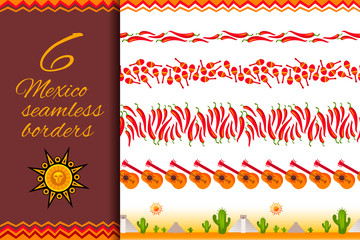 Seamless Mexican pattern border set isolated on white background. Cinco de Mayo decoration garland collection for your holiday design. Vector illustration