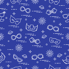 Seamless pattern of different carnival decorations: masks, christmas hats, glasses, bow tie.