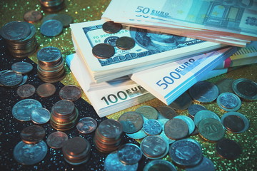 Money and coins.Dollars and Euros.Banking and financial concept.Savings