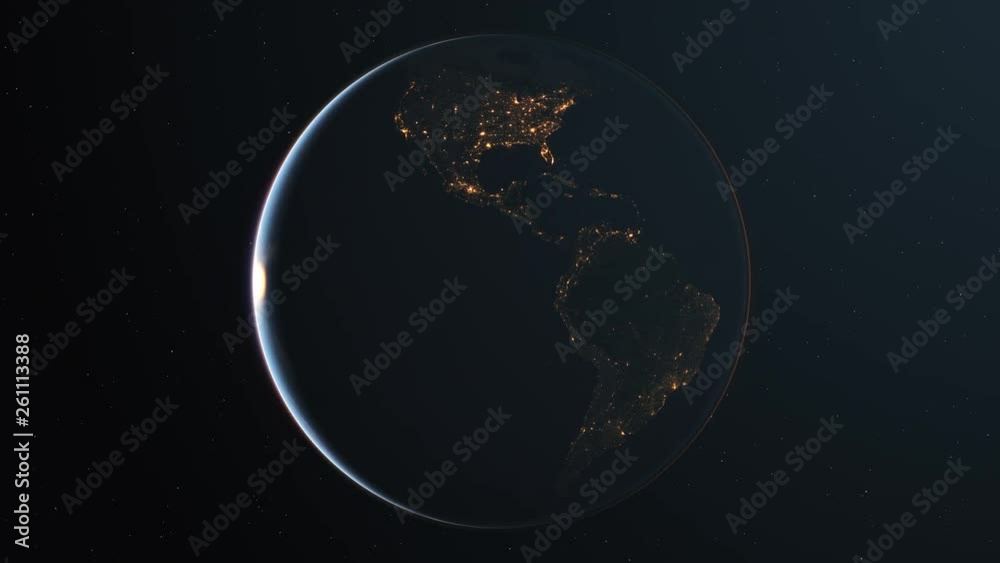 Wall mural 4k slowly rotating realistic earth from space. dark side with night lights. seamless looping. high q