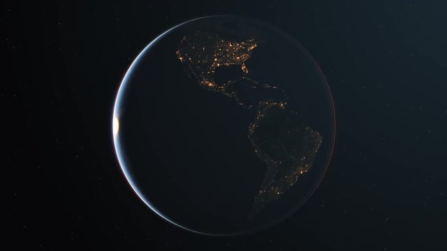 4K Slowly rotating realistic earth from space. Dark side with night lights. Seamless looping. High quality 3d animation. Elements of this image furnished by NASA.