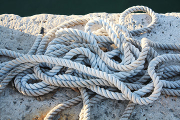 Marine sea rope on the sea pier. Adriatic Sea Pula Croatia.