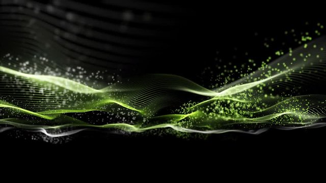 Futuristic eco animation with wave object and glowing particles in slow motion, 4096x2304 loop 4K