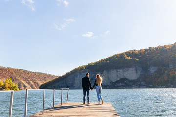 Fototapeta premium the couple in love hold hands and admire the view. back view. ri