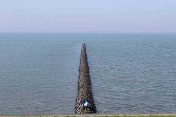 Fototapeta premium Opposites: the water breaks on one side, the other is quiet with running water in the Wadden Sea