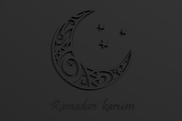 Ramadan Kareem  template with arabic ornament moon on a dark background with stars. 3d render illustration for cards, greetings.